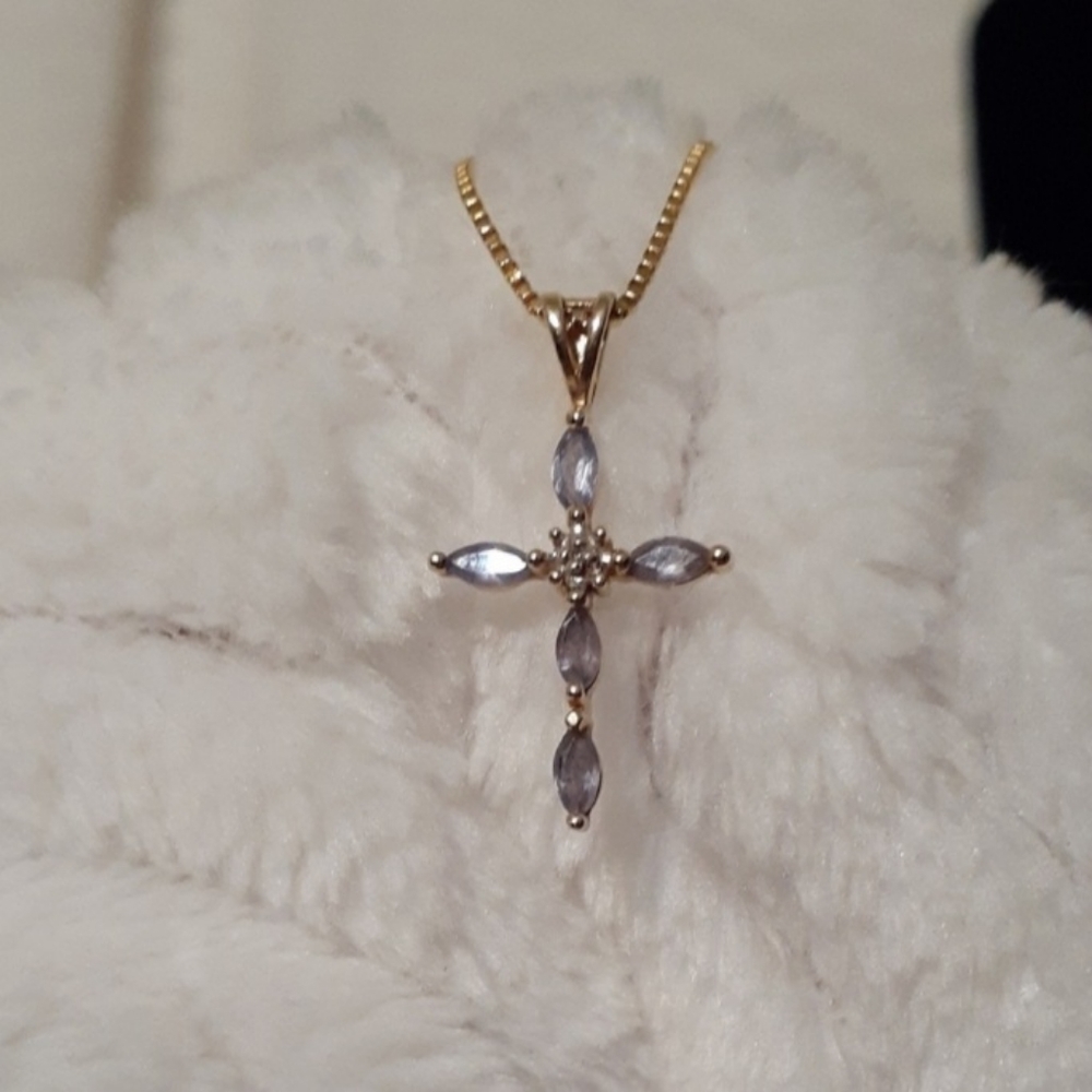 Solid 14k Gold Tanzanite Diamond Cross Pendant - Picture 4 of 14